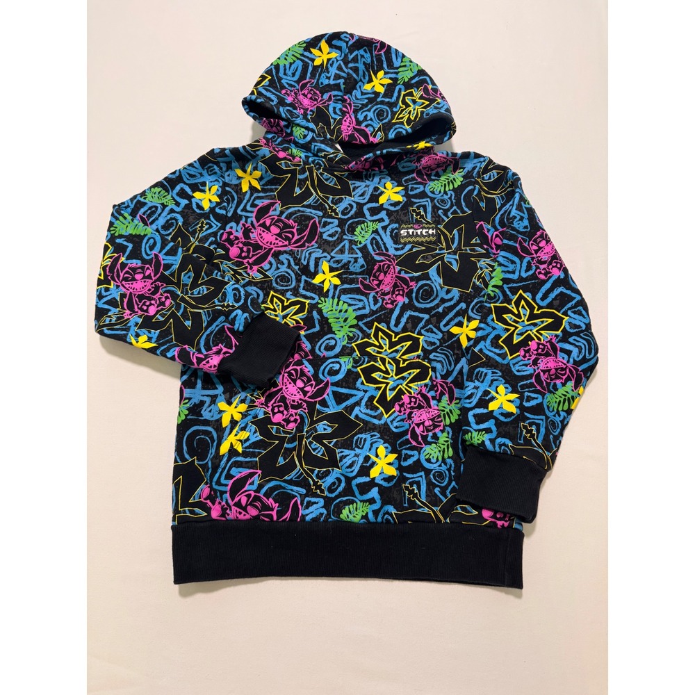 Disney Lilo & Stitch Kids Hoodie Neon All Over Print Pullover Black Size 9/10